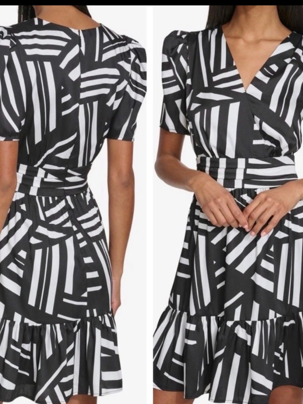 Karl Lagerfeld Paris Dress 14 Womens Black Geometric Tiered Ruffle Puff Sleeve